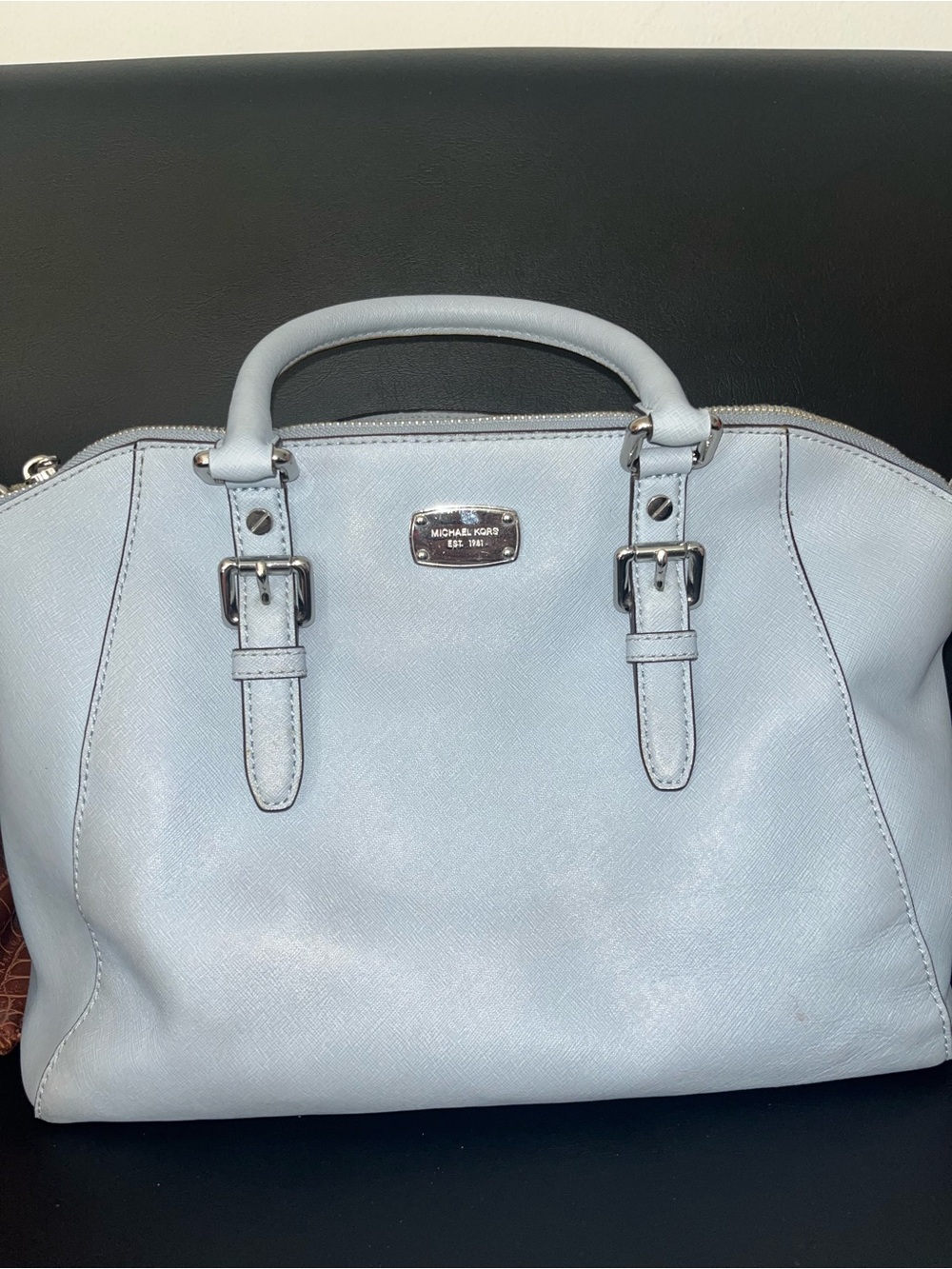 Michael Kors Pale Blue Saffiano Leather Satchel with Silver Hardware